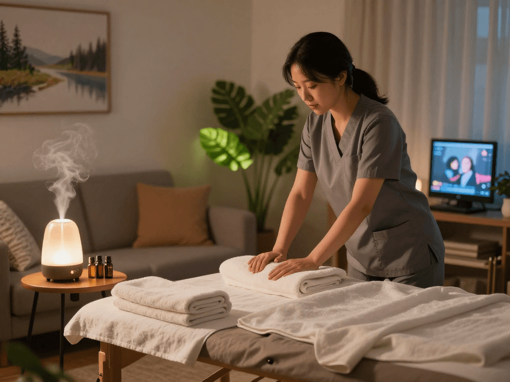 Enjoying a calming 성동구출장마사지 session in a cozy home ambiance with essential oils and soft lighting.