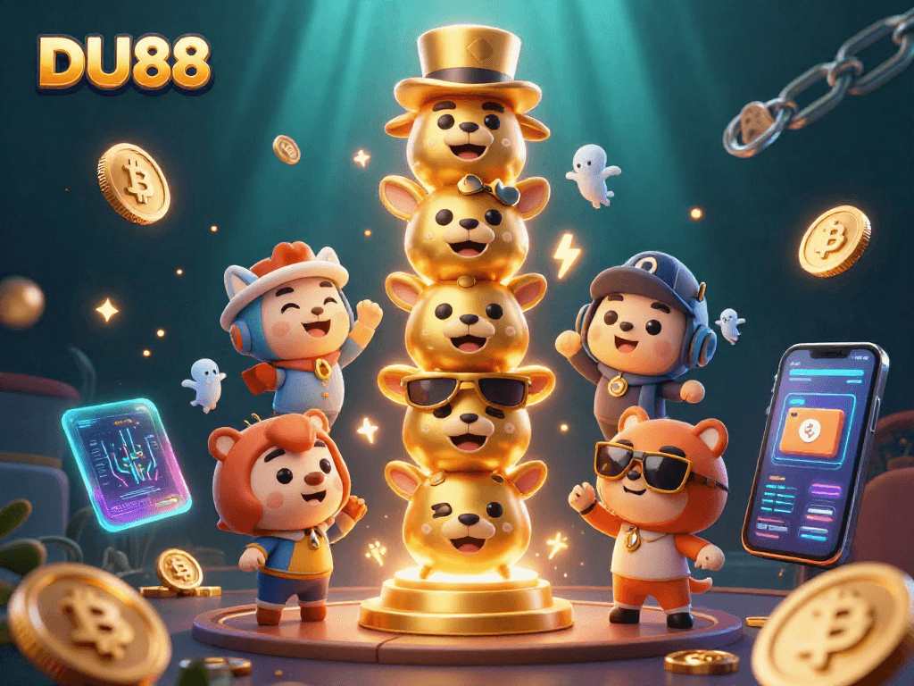 Experience vibrant gambling excitement with DU88's animated casino totem and crypto elements.