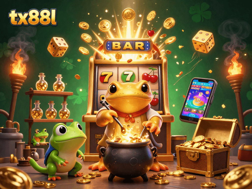 tx88l illustrates a magical moments of casino alchemy, with gold coins and vibrant elements exploding around characters.
