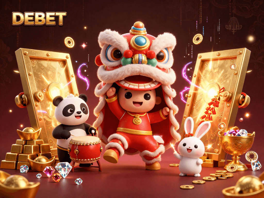 Join the DEBET fun with vibrant lion dance characters amid dazzling casino treasures!