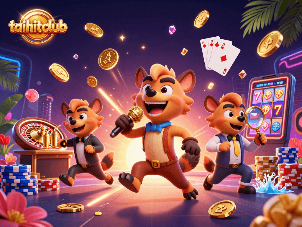 Experience excitement at taihitclub with 3D hyena characters in a vibrant casino scene.