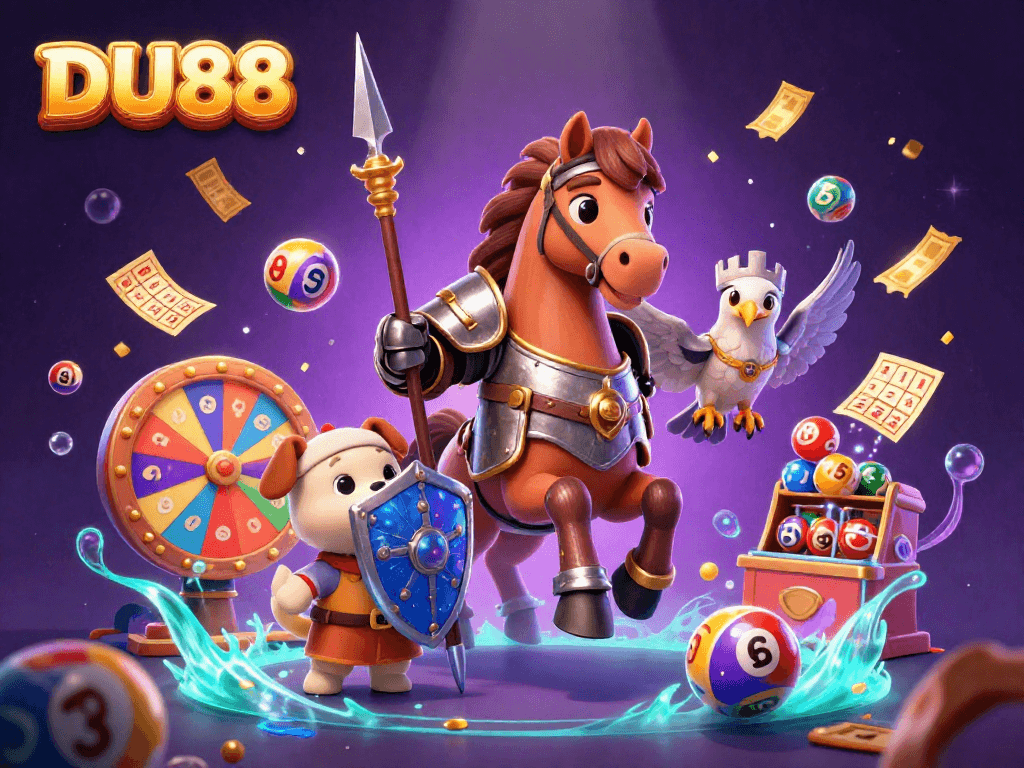 Engage with the dynamic DU88 casino scene featuring vibrant lottery elements and fantasy characters.