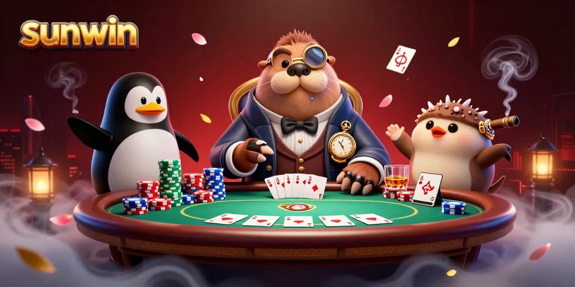 sunwin showcases poker excitement with a jolly walrus player bluffing at an underwater table