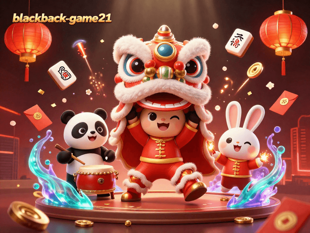 Engage in blackjack-game21 with exciting characters amid vibrant casino-themed elements.