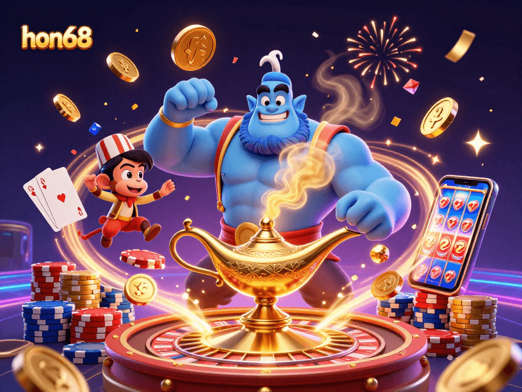 Win big at hon68 with vibrant 3D casino illustration showcasing the thrill of gaming and fortune.