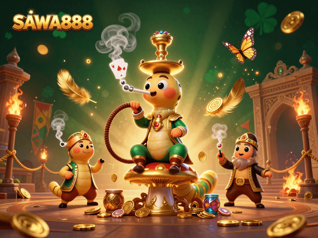 Experience thrilling gameplay on SAWA888 with a vibrant casino illustration featuring a whimsical caterpillar master.