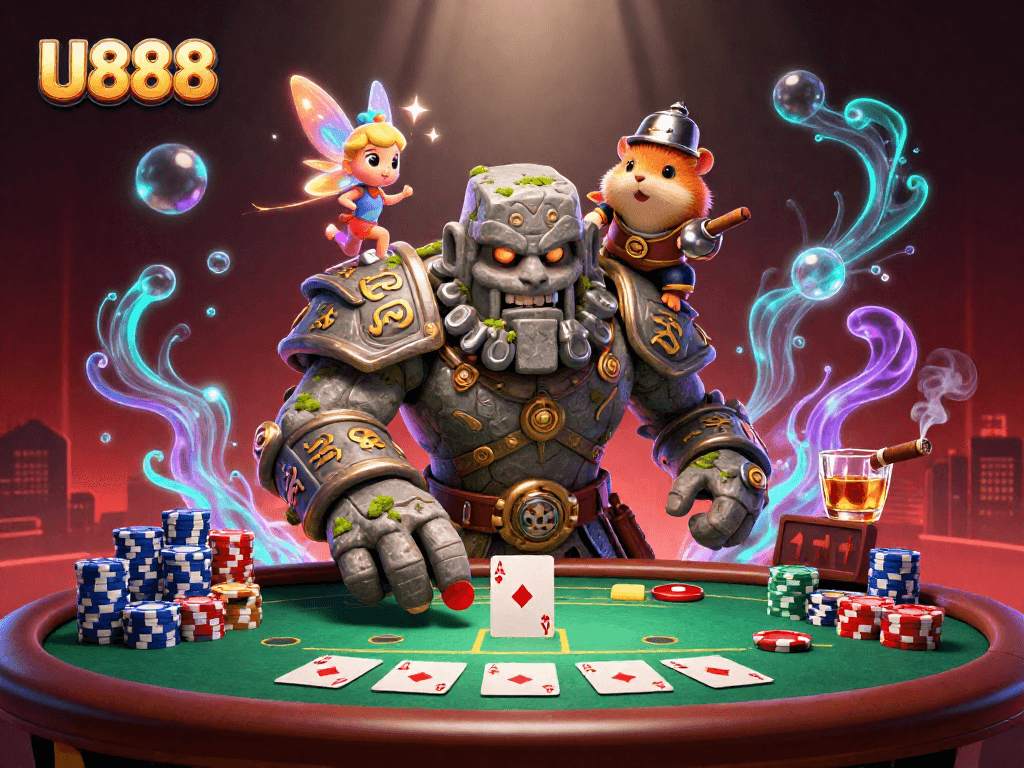 U888 poker scene featuring a mystical golem and knight, surrounded by vibrant casino elements.