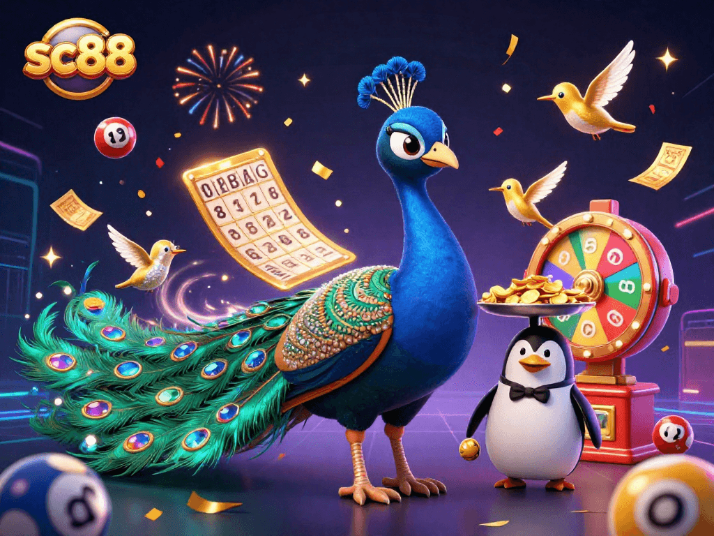 Engage with sc88 as a dazzling peacock and friends celebrate wins in a spectacular casino scene.