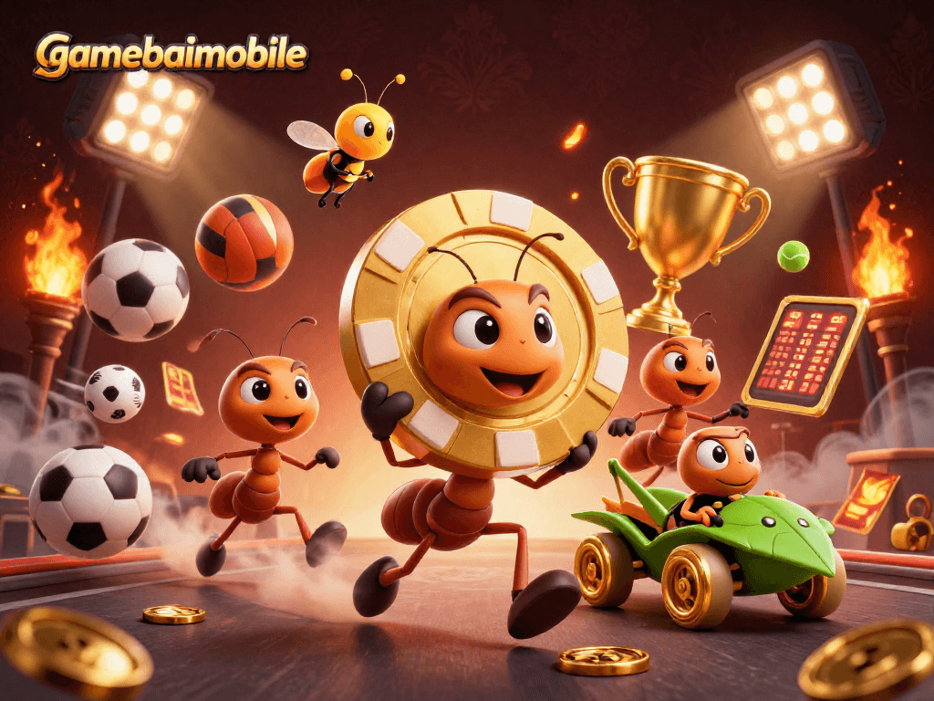 Gamebaimobile's 3D animated scene with ants, sports elements, and golden themes in a heist