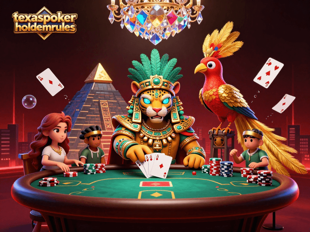 Engage in the thrilling game with texaspokerholdemrules at a vibrant poker table featuring a Mayan jaguar priest and floating elements.