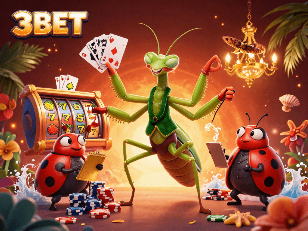 Engage with 3BET's thrilling casino experience featuring animated card dealers and vibrant slot games.