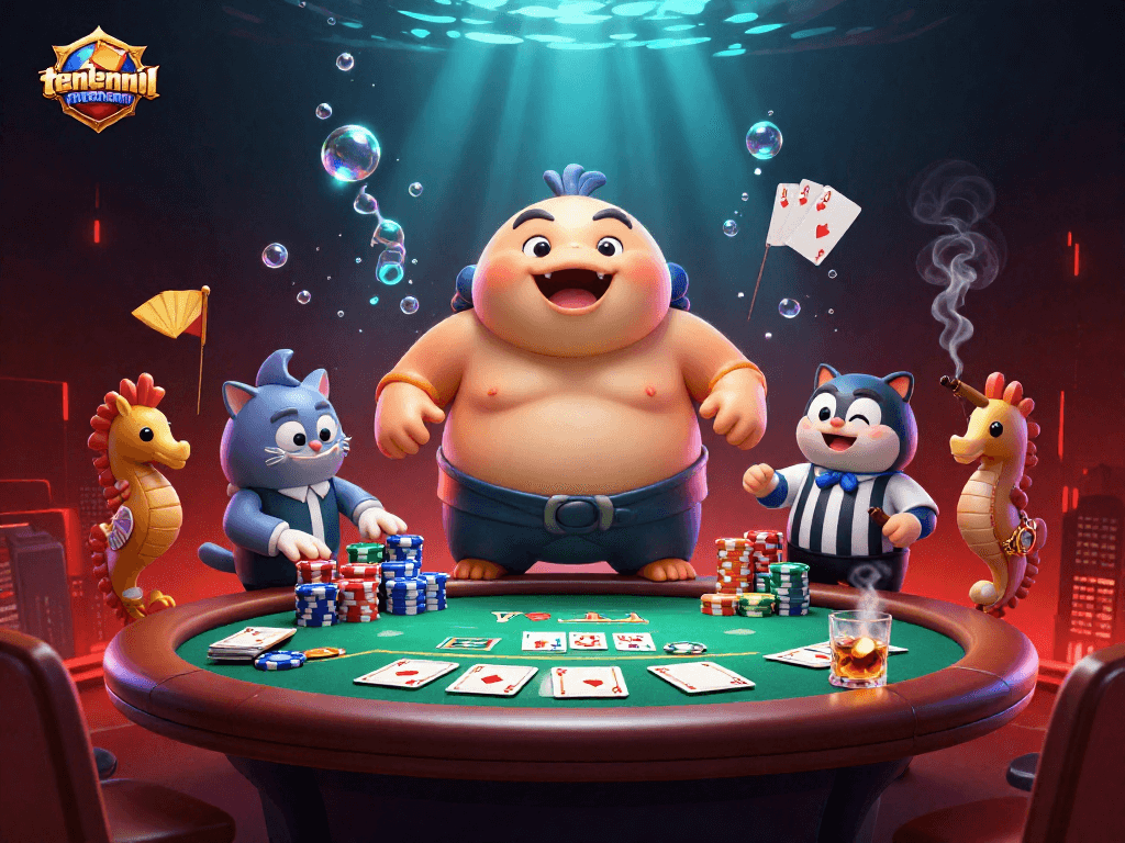 Engage in thrilling tienlenmiennam poker action with a vibrant 3D scene featuring lively characters.