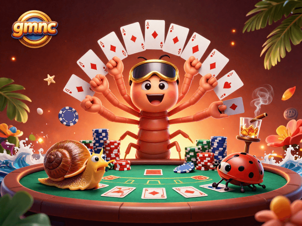 Experience thrilling poker action in gmnc's vibrant casino scene with a colorful millipede dealer.