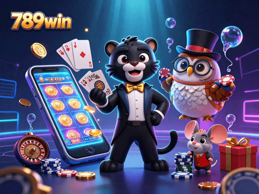 Engage in thrilling card games at 789win with an elegant panther dealer, surrounded by fun casino elements.