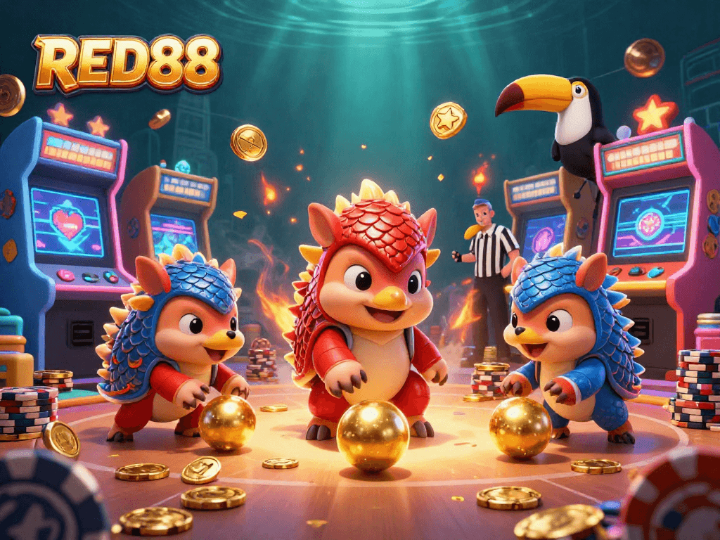 Join the excitement at RED88 with animated pangolins bowling through poker chips in a vibrant casino scene.