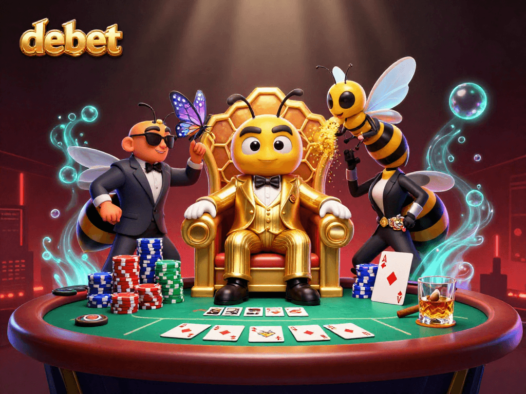 Engage in debet with a thrilling poker scene featuring a cartoon bee mob boss and vibrant casino elements.