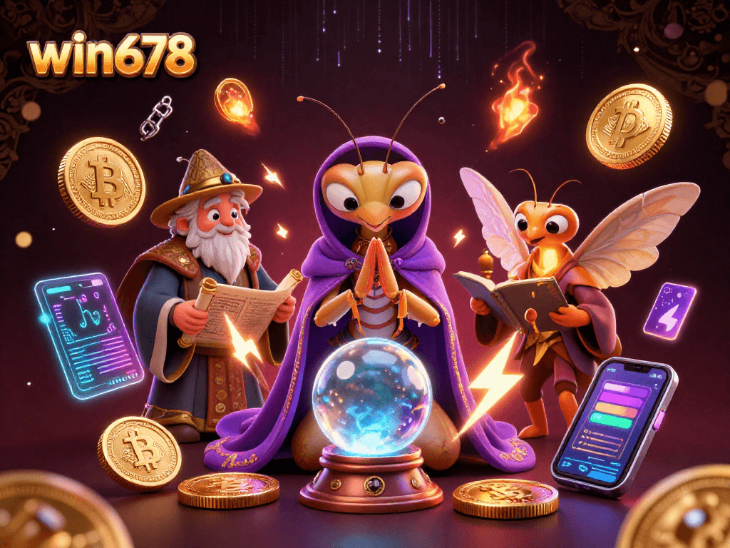 Experience win678 with an immersive, colorful casino-themed illustration showcasing characters and crypto elements.