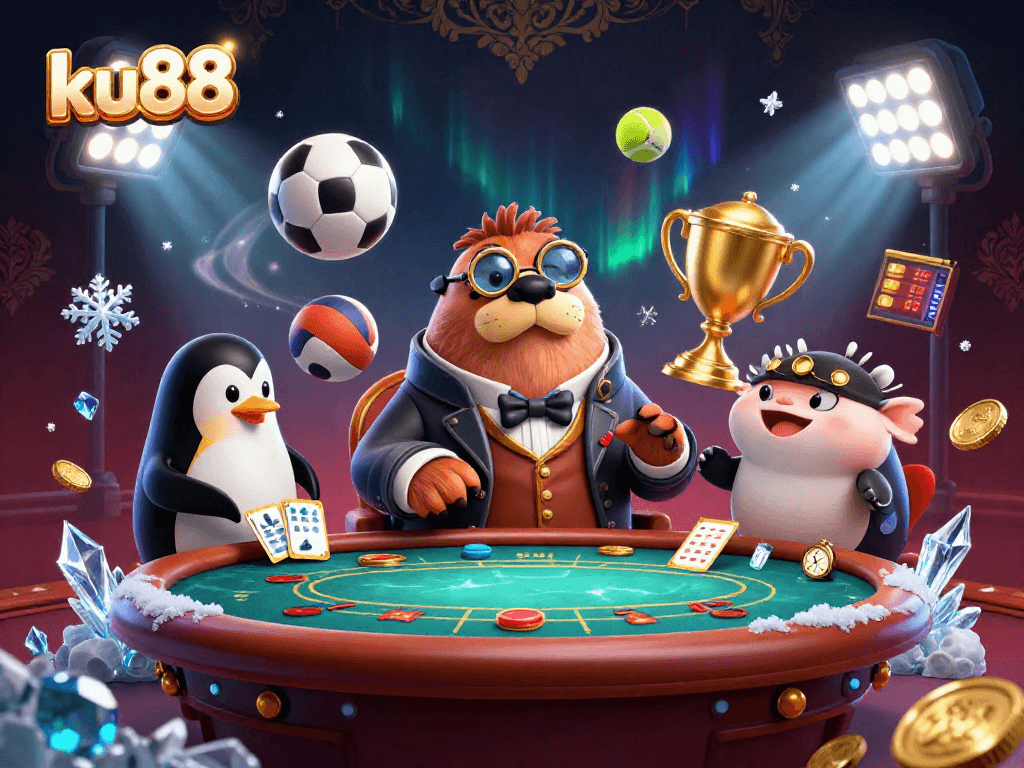 ku88 showcases a whimsical card game scene featuring a jolly walrus and friends enjoying poker at an underwater table.