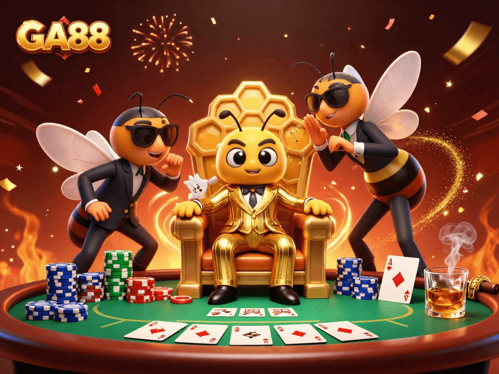 Experience the thrilling GA88 poker table scene with a bumblebee mob boss in action.
