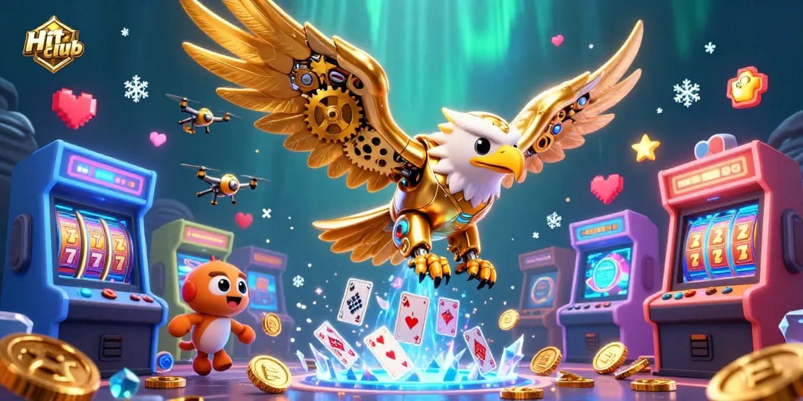 Experience the thrill of Hit club with a golden eagle diving through vibrant gaming elements and holographic cards.