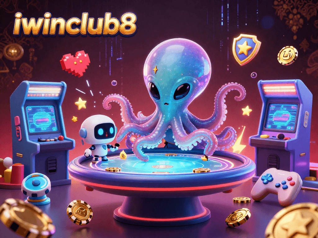 Experience excitement at iwinclub8 with an alien octopus operating a holographic poker table.