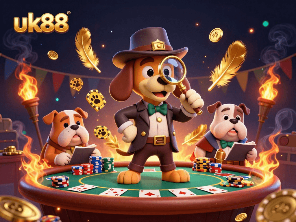 Engage with uk88's vibrant poker scene featuring a cartoon detective examining clues and betting tokens.