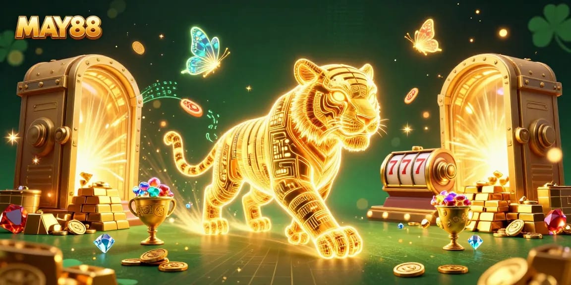 MAY88 showcases a captivating 3D casino scene filled with neon elements and golden treasures.