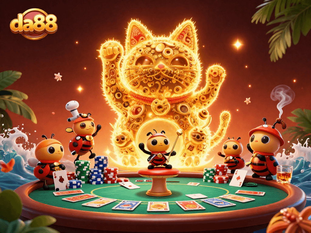 da88 showcases a vibrant 3D scene with a lucky cat and poker elements for casino enthusiasts.