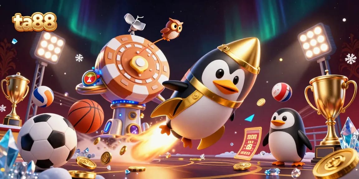 Experience ta88's thrilling casino adventure with a golden penguin racing to a poker chip space station