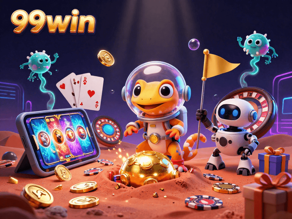 Experience 99win’s thrilling casino adventures through a Martian gecko discovering a buried casino.