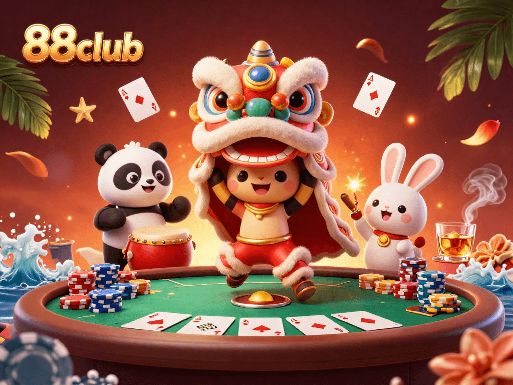 Engage with 88club's vibrant gambling world featuring a lively lion dance and poker elements.
