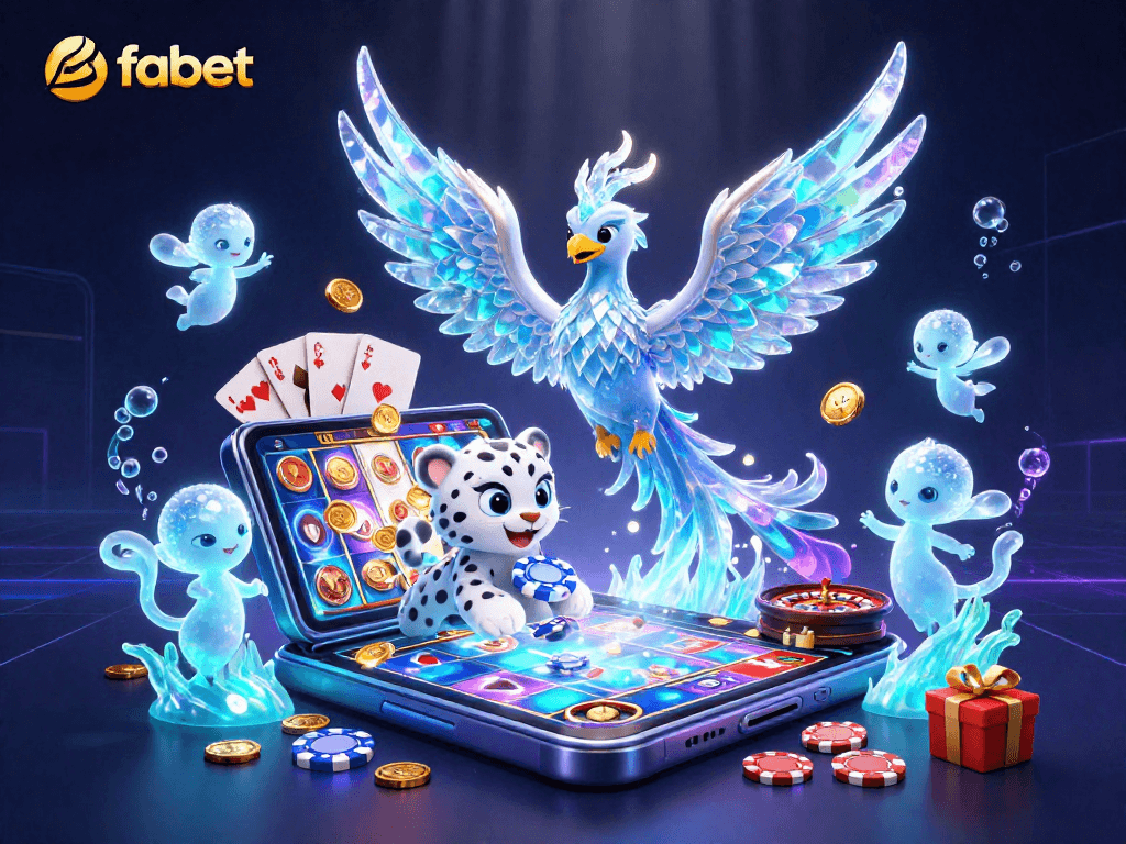 Experience thrilling gameplay with fabet in a vibrant, dynamic casino scene featuring an ice phoenix, poker chip, and slot games.