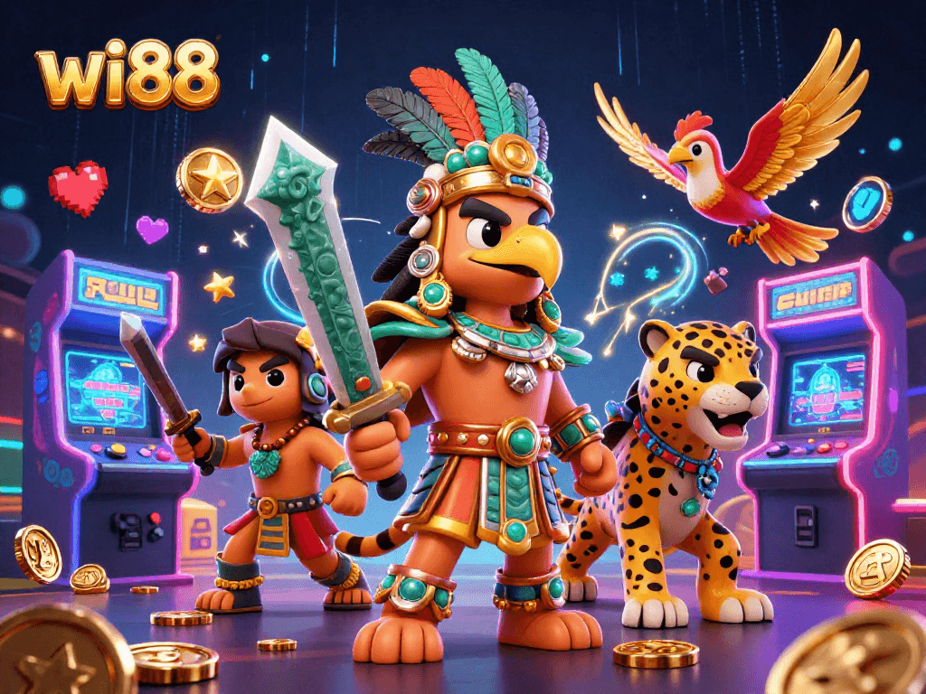 Engage with the vibrant world of wi88 casino gaming through a 3D illustration filled with energetic characters and game elements.