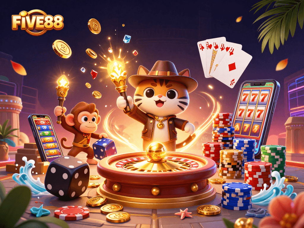 Experience the excitement at FIVE88 with an engaging 3D casino-themed illustration showcasing unique gaming elements.