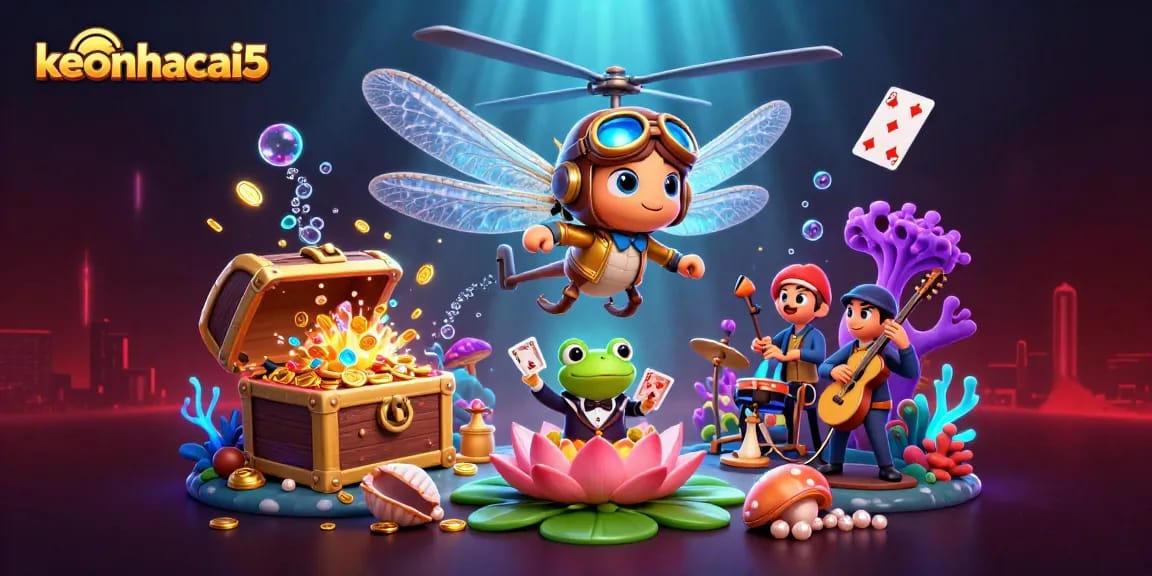 Play cards in a vibrant underwater scene at keonhacai5, featuring a frog dealer and magical elements.