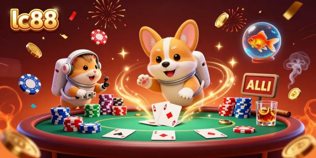Experience thrilling gameplay at lc88 with a cartoon corgi and vibrant casino elements in a cosmic setting.