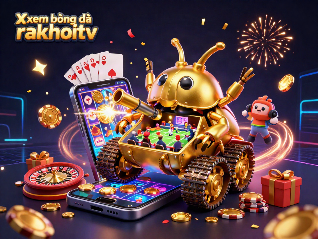 Engage in xem bóng đá rakhoitv with a dynamic 3D illustration of a sports betting tank and casino elements.