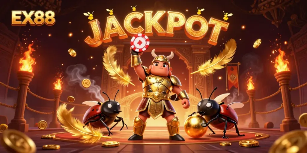 Experience the thrilling victory of EX88 in this vibrant 3D casino scene with dynamic poker elements.