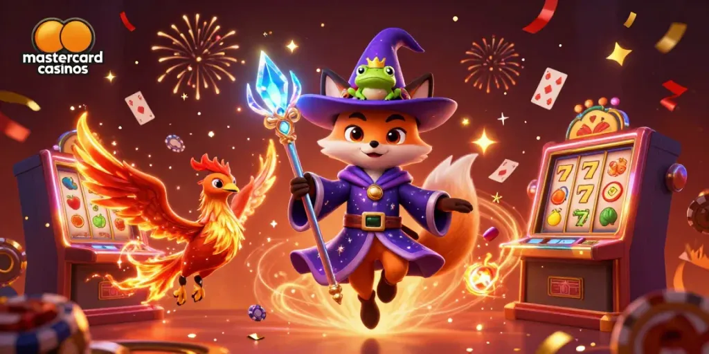 Experience excitement at mastercard casinos with a magical fox wizard and phoenix, surrounded by vibrant gaming elements.