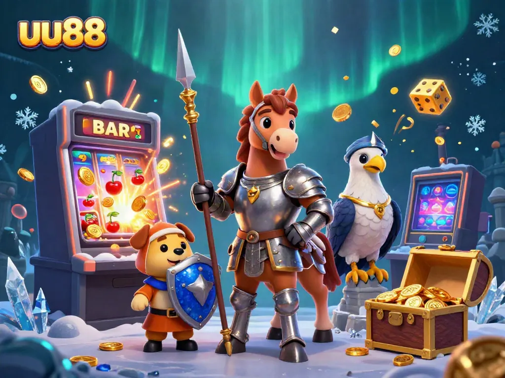 Playing games at uu88 with a colorful 3D casino backdrop and exciting elements surrounding medieval characters.