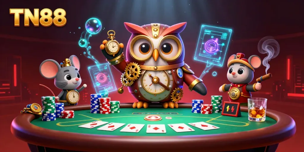 Experience the excitement of TN88 with this vibrant 3D casino illustration featuring dynamic poker elements.