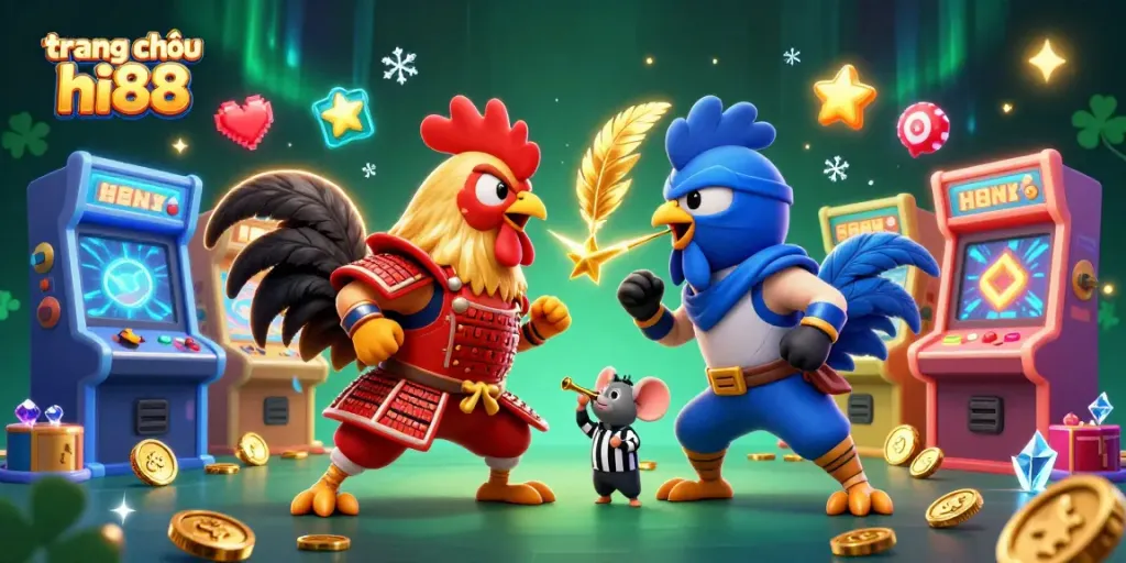 Engage in exciting gameplay with trang chủ hi88, featuring an intense rooster fight illustration amid dynamic gaming elements.