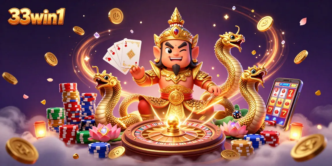 Win big with 33win1 in this vibrant 3D casino scene showcasing epic characters and gaming elements.