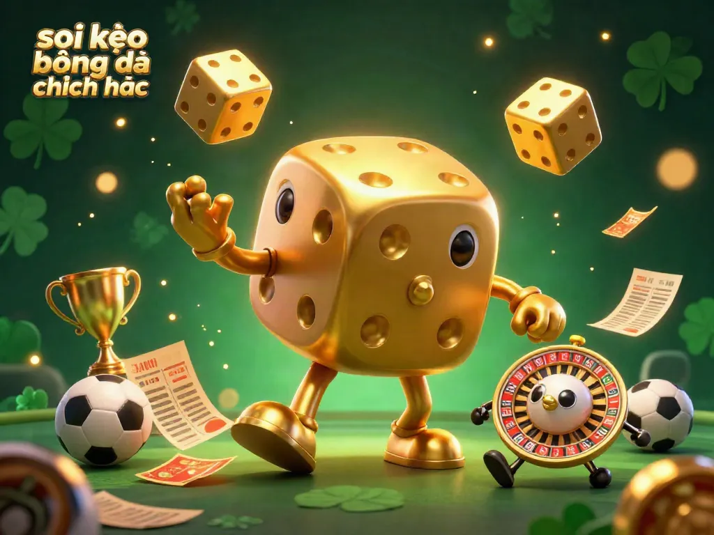 Soi kèo bóng đá chính xác scene with a golden dice golem and a roulette-ball companion surrounded by sports betting elements, sparkling details.