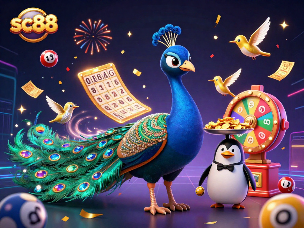 Engage with sc88 as a dazzling peacock and friends celebrate wins in a spectacular casino scene.