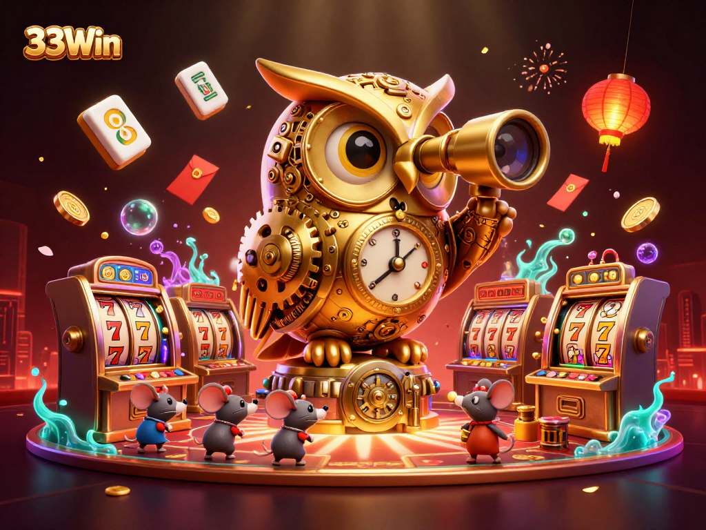Experience thrilling gameplay at 33Win with a magical owl guiding slot machine action.