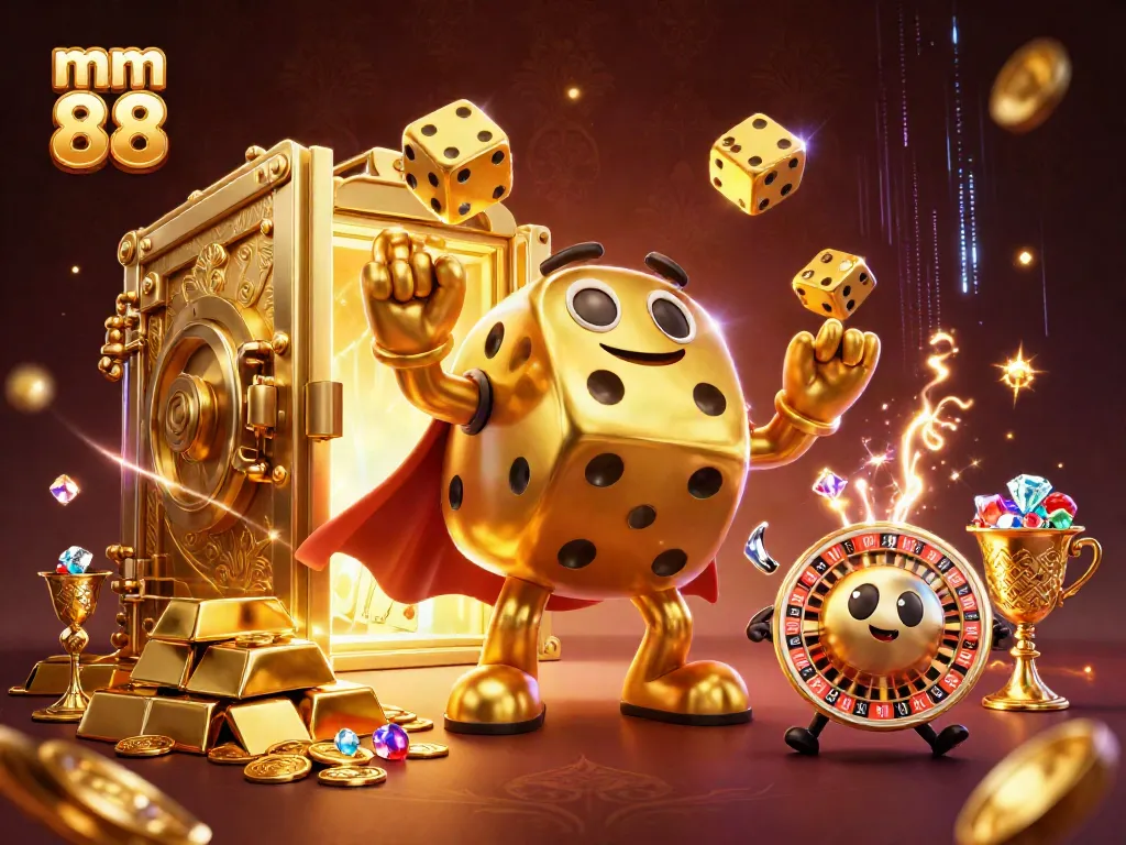 Engage with mm 88 in a vibrant casino-themed 3D scene featuring golden dice and treasure.