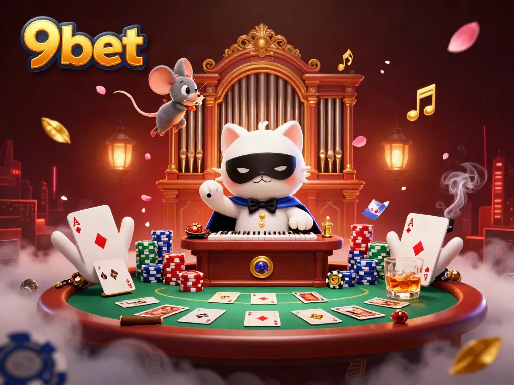 Experience thrilling bets at 9bet with an exciting casino scene filled with poker action and vibrant characters.