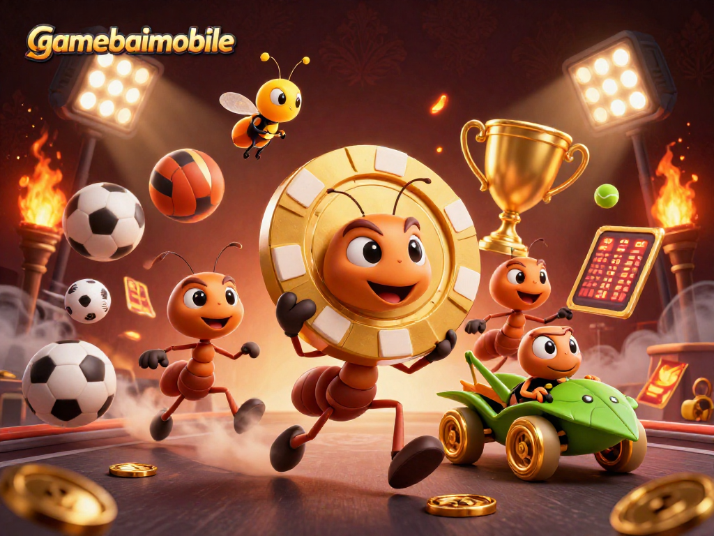 Gamebaimobile's 3D animated scene with ants, sports elements, and golden themes in a heist