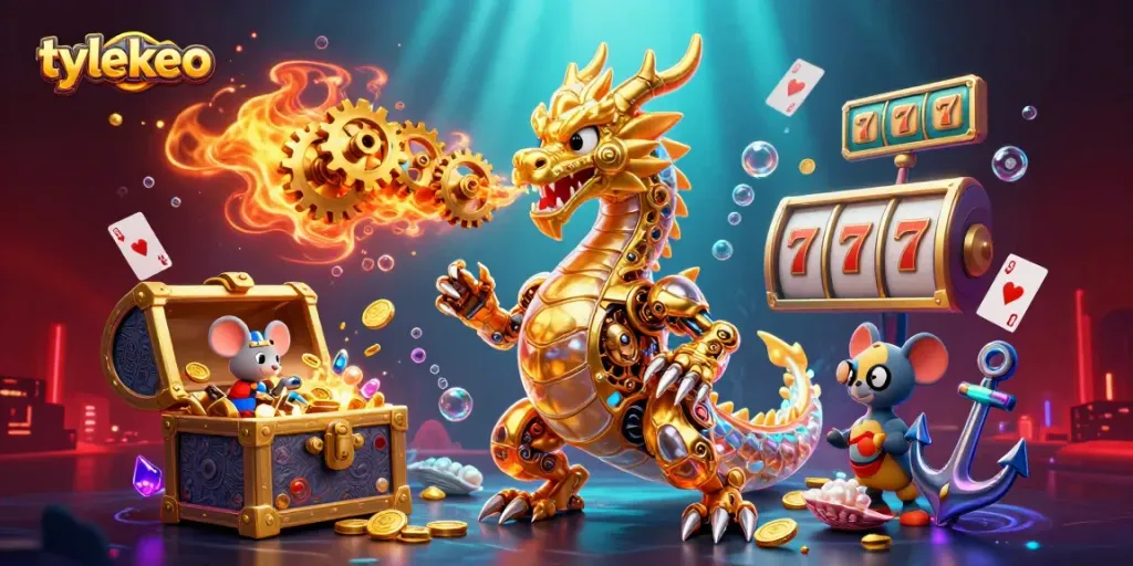Experience the vibrant world of tylekeo, featuring a golden dragon alongside dynamic gambling elements.